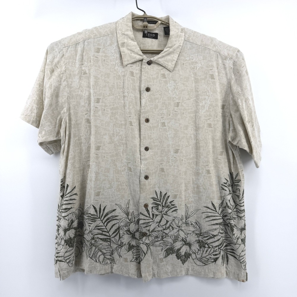 IZOD Golf Washable Silk Blend Mens XL Tropical‎ Floral Border Print Button Shirt